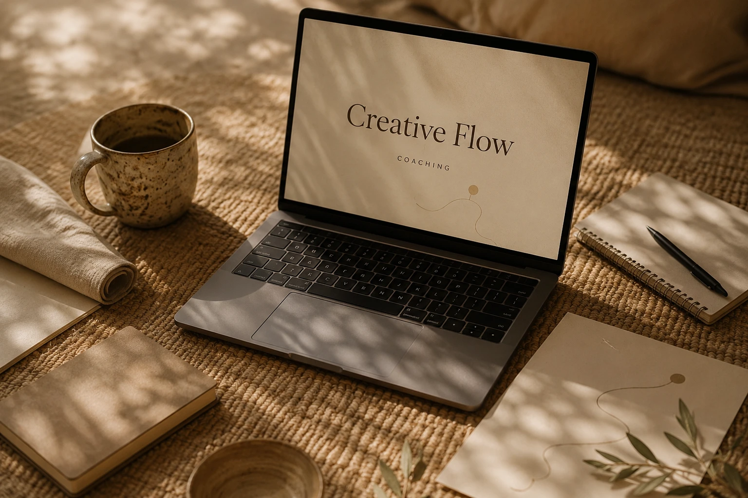 A laptop, ceramic mug and notebook in warm dappled light
