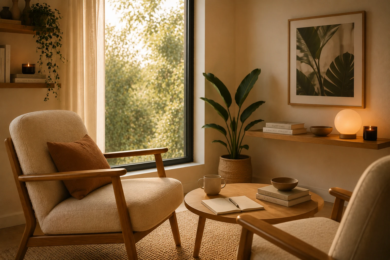 Warm therapy room with two armchairs and soft light