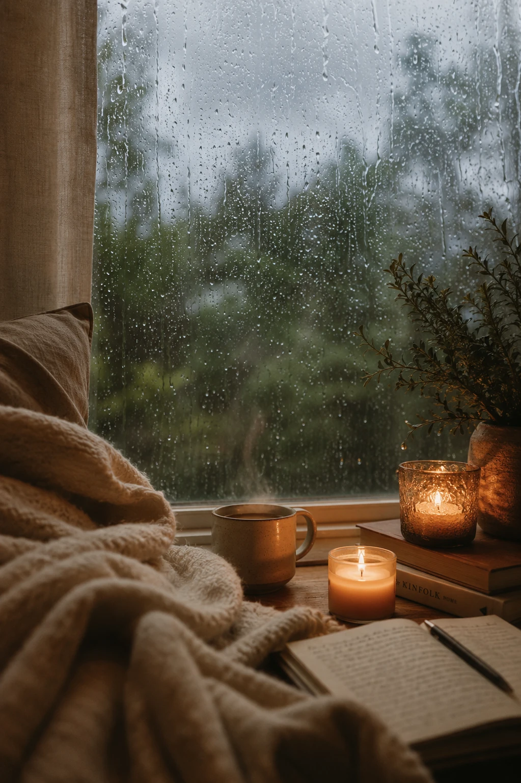 Steaming cup by a rainy window, candlelight and a journal
